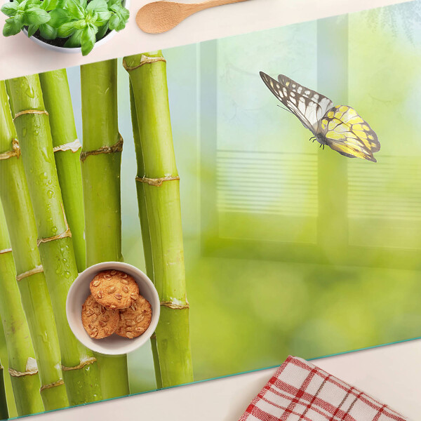 Tagliere in vetro con piano decorato in bambù e fantasia a farfalle