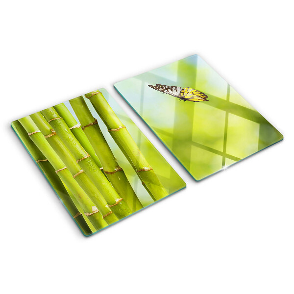 Tagliere in vetro con piano decorato in bambù e fantasia a farfalle