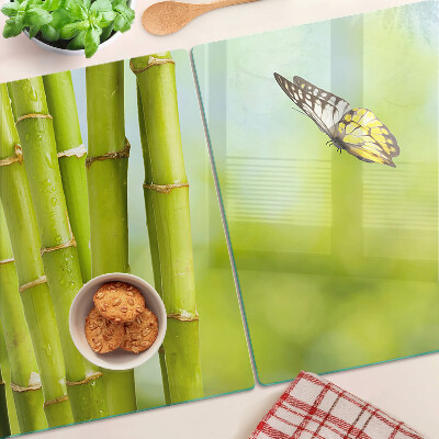 Tagliere in vetro con piano decorato in bambù e fantasia a farfalle