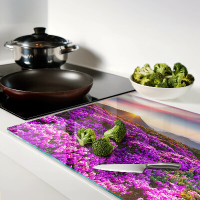 Tagliere in vetro temperato con motivo paesaggio floreale al tramonto