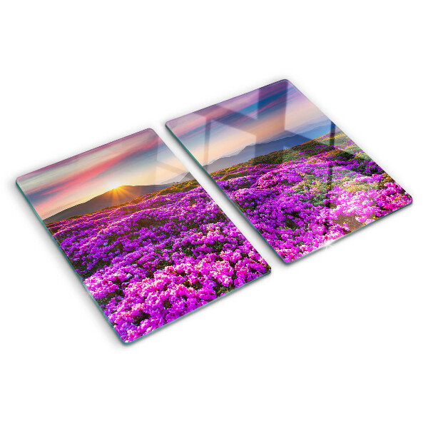 Tagliere in vetro temperato con motivo paesaggio floreale al tramonto