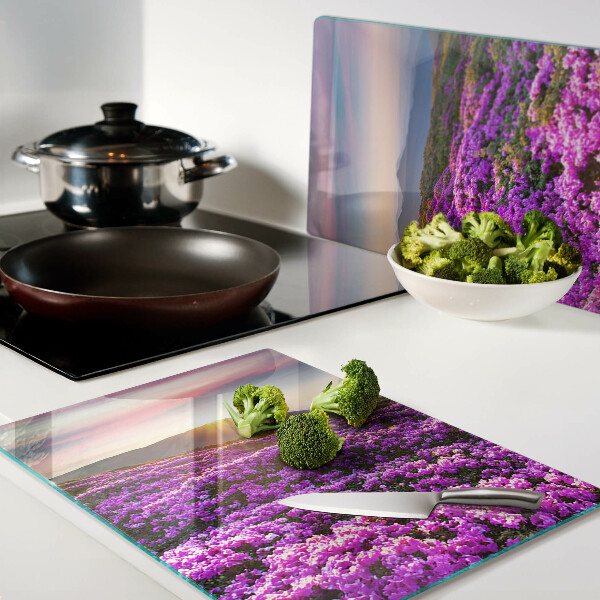 Tagliere in vetro temperato con motivo paesaggio floreale al tramonto