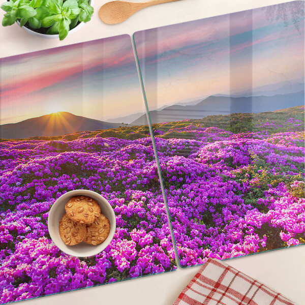 Tagliere in vetro temperato con motivo paesaggio floreale al tramonto