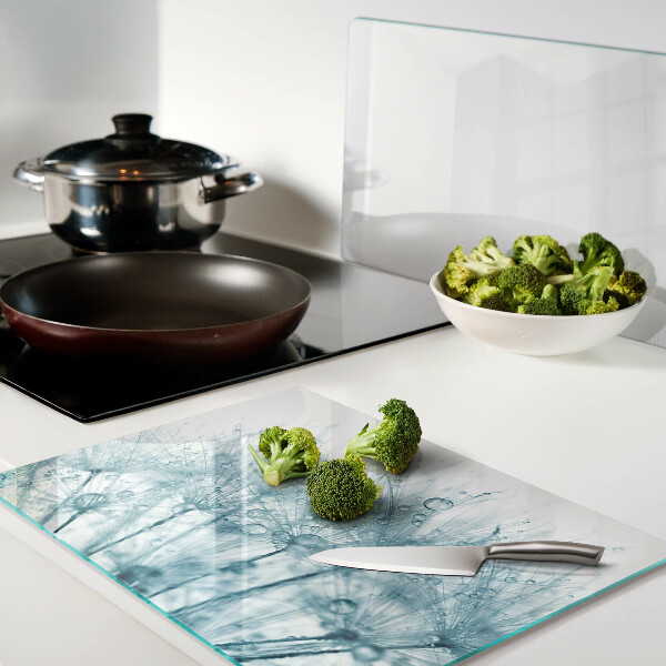 Tagliere in vetro temperato con motivo di denti di leone e gocce d'acqua