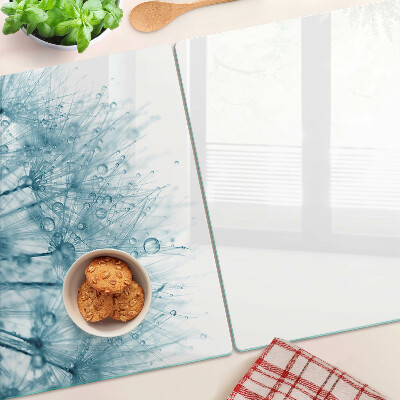 Tagliere in vetro temperato con motivo di denti di leone e gocce d'acqua