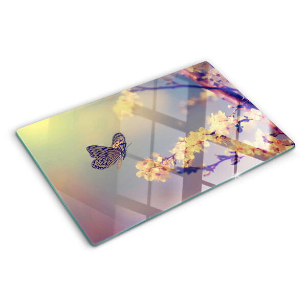 Tagliere in vetro temperato con motivo farfalla su sfondo floreale