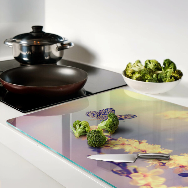 Tagliere in vetro temperato con motivo farfalla su sfondo floreale