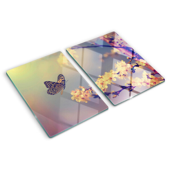 Tagliere in vetro temperato con motivo farfalla su sfondo floreale