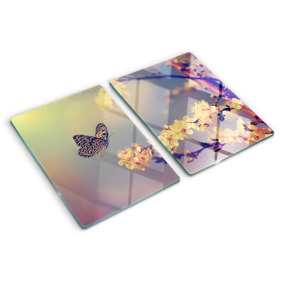 Tagliere in vetro temperato con motivo farfalla su sfondo floreale