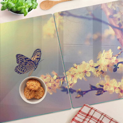 Tagliere in vetro temperato con motivo farfalla su sfondo floreale