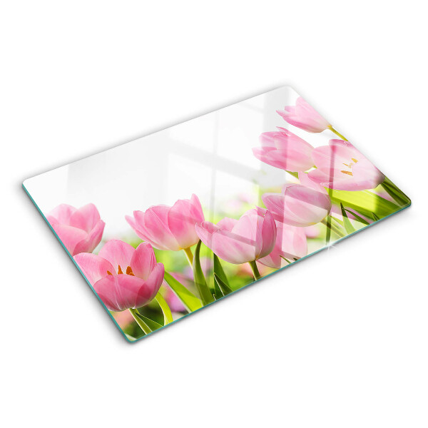 Tagliere in vetro temperato Tulipani rosa in giardino
