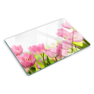 Tagliere in vetro temperato con decorazione a tulipani rosa che richiamano un giardino
