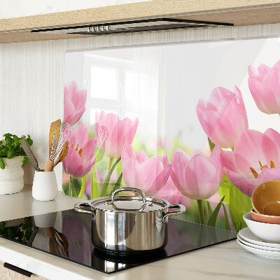 Tagliere in vetro temperato con decorazione a tulipani rosa che richiamano un giardino