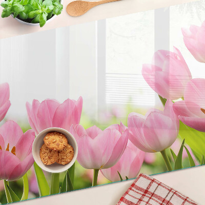 Tagliere in vetro temperato con decorazione a tulipani rosa che richiamano un giardino
