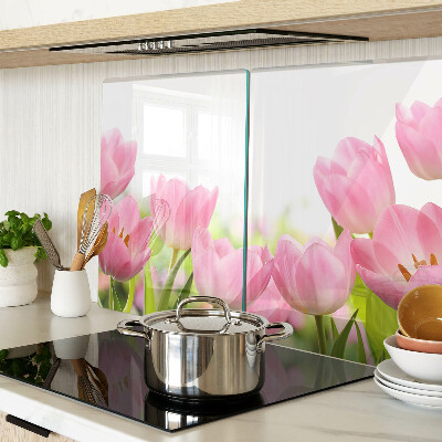 Tagliere in vetro temperato con decorazione a tulipani rosa che richiamano un giardino