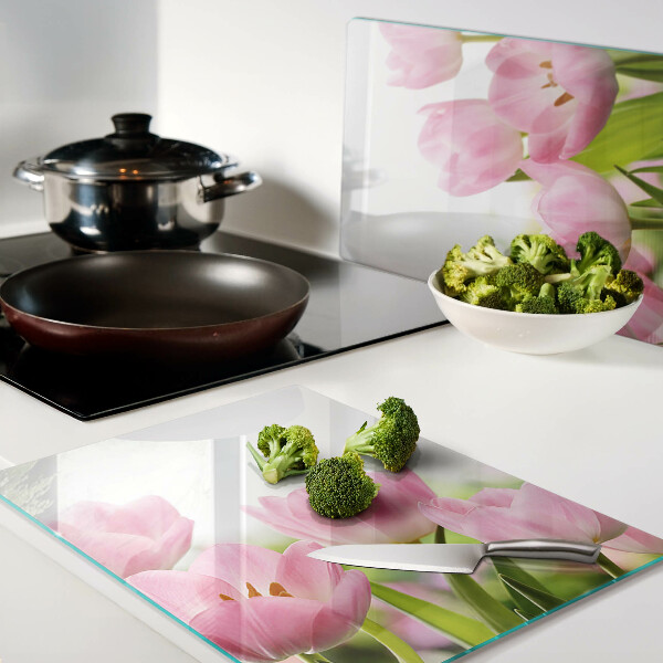 Tagliere in vetro temperato con decorazione a tulipani rosa che richiamano un giardino