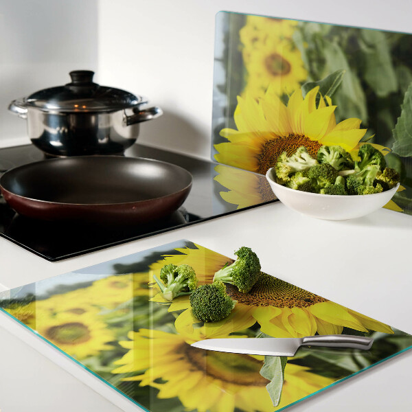 Tagliere in vetro temperato con motivo di girasoli su sfondo verde