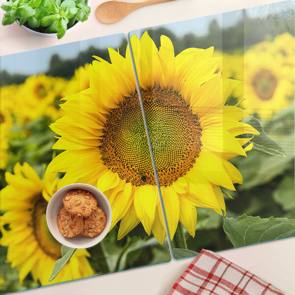 Tagliere in vetro temperato con motivo di girasoli su sfondo verde