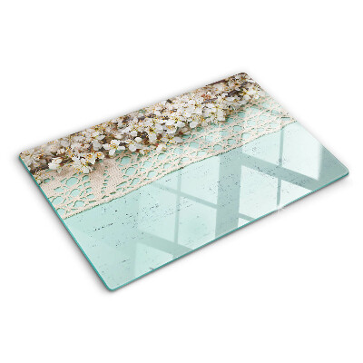 Tagliere in vetro temperato con motivo floreale e bordo a merletto