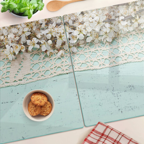 Tagliere in vetro temperato con motivo floreale e bordo a merletto