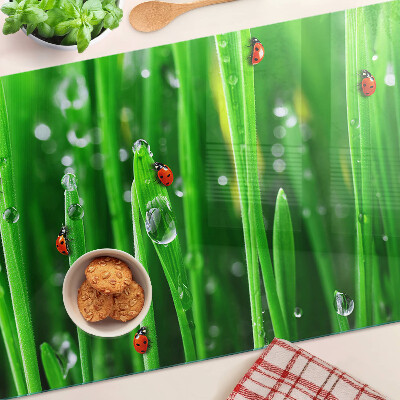 Tagliere in vetro con motivo gocce d'acqua sull'erba e coccinelle