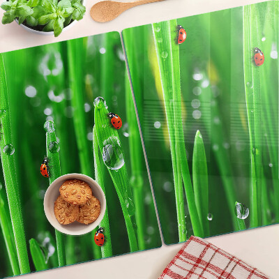 Tagliere in vetro con motivo gocce d'acqua sull'erba e coccinelle