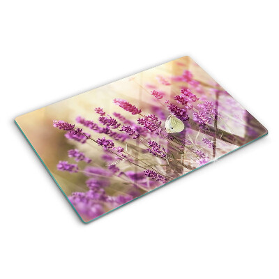 Tagliere in vetro temperato con stampa di un campo di lavanda con farfalla