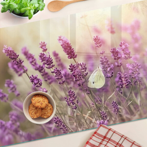 Tagliere in vetro temperato Campo di lavanda con farfalla