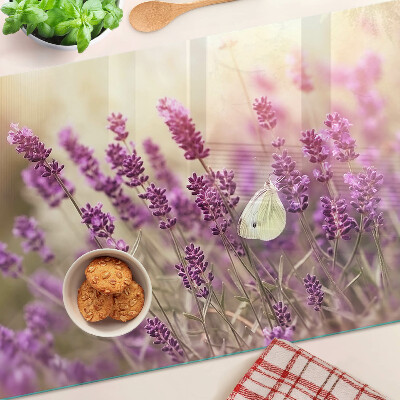 Tagliere in vetro temperato Campo di lavanda con farfalla