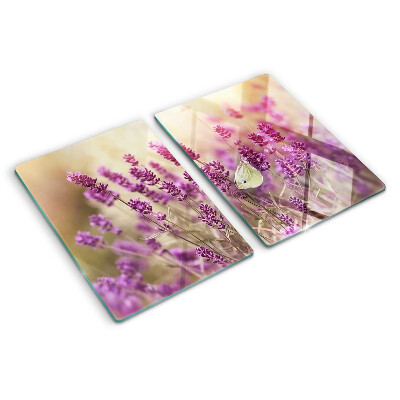 Tagliere in vetro temperato con stampa di un campo di lavanda con farfalla