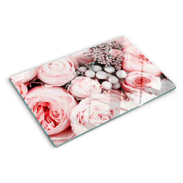 Tagliere in vetro con decorazione di rose nei toni del rosa