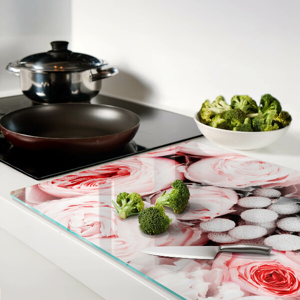 Tagliere in vetro con decorazione di rose nei toni del rosa