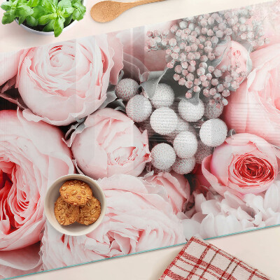 Tagliere in vetro con decorazione di rose nei toni del rosa
