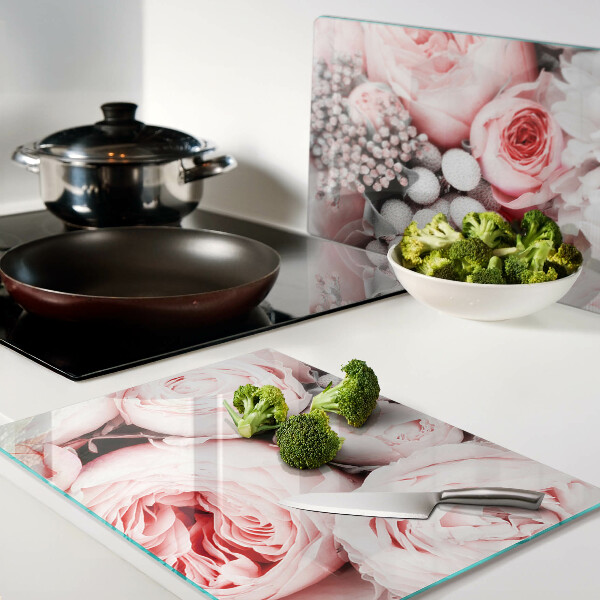 Tagliere in vetro con decorazione di rose nei toni del rosa