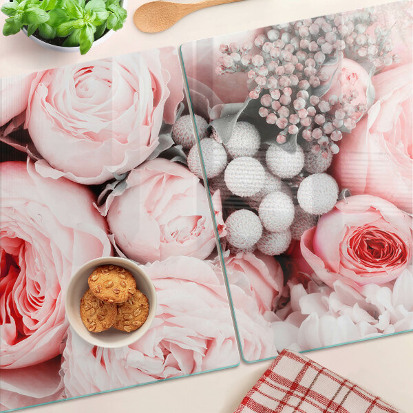 Tagliere in vetro con decorazione di rose nei toni del rosa