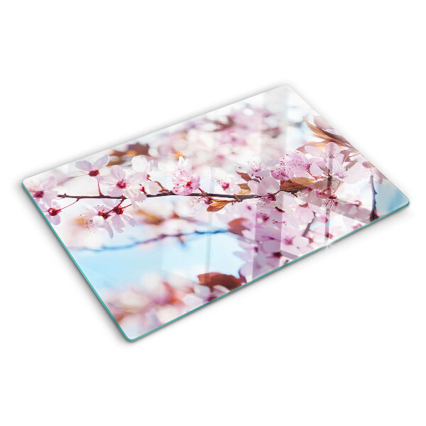 Tagliere in vetro temperato con motivo di fiori di ciliegio su sfondo blu