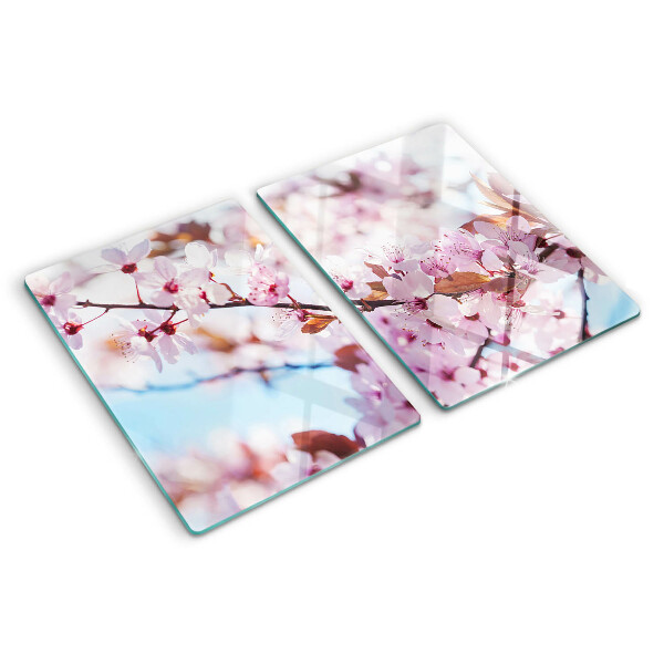 Tagliere in vetro temperato con motivo di fiori di ciliegio su sfondo blu