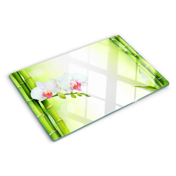 Tagliere in vetro con decorazione a orchidee e motivo in bambù