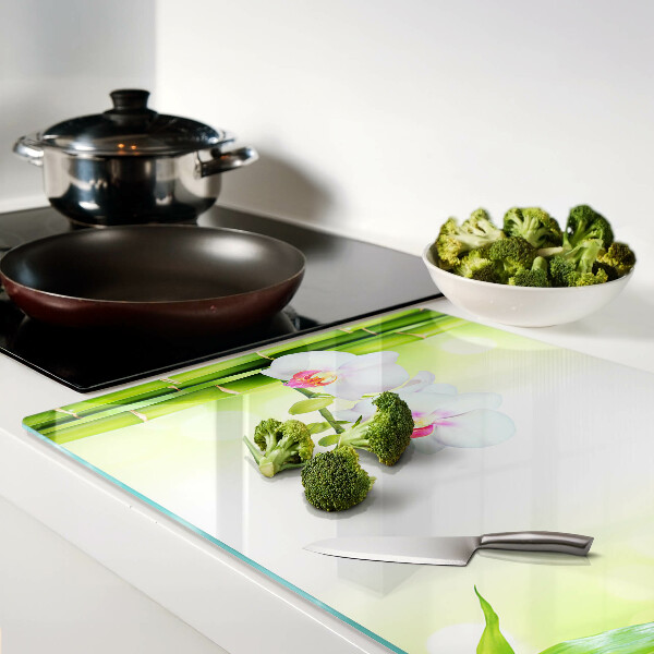 Tagliere in vetro con decorazione a orchidee e motivo in bambù