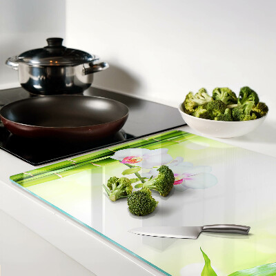 Tagliere in vetro con decorazione a orchidee e motivo in bambù