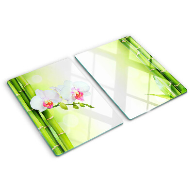 Tagliere in vetro con decorazione a orchidee e motivo in bambù