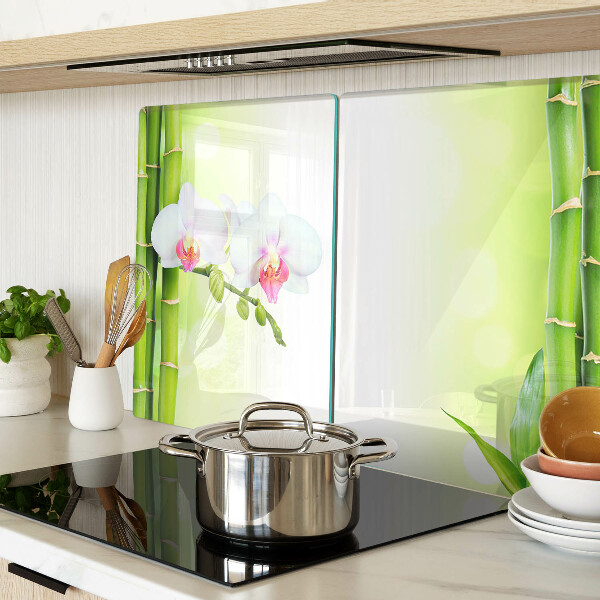 Tagliere in vetro con decorazione a orchidee e motivo in bambù