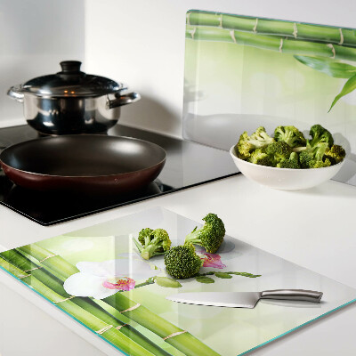 Tagliere in vetro con decorazione a orchidee e motivo in bambù