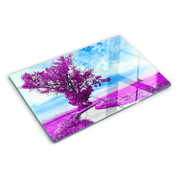 Tagliere in vetro temperato con motivo di un albero viola su sfondo di cielo