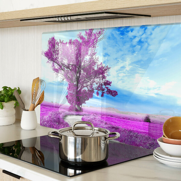 Tagliere in vetro temperato con motivo di un albero viola su sfondo di cielo