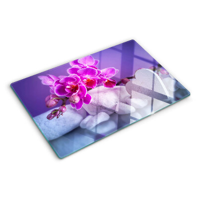 Tagliere in vetro temperato con decorazione di orchidee su pietre