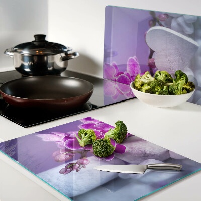 Tagliere in vetro temperato con decorazione di orchidee su pietre