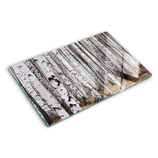 Tagliere in vetro temperato con stampa di tronchi d'albero di betulla bianchi