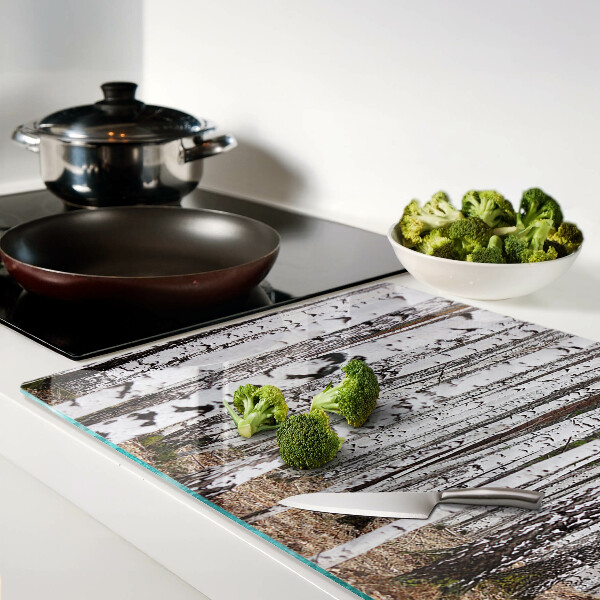 Tagliere in vetro temperato con stampa di tronchi d'albero di betulla bianchi