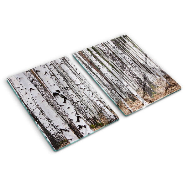 Tagliere in vetro temperato con stampa di tronchi d'albero di betulla bianchi